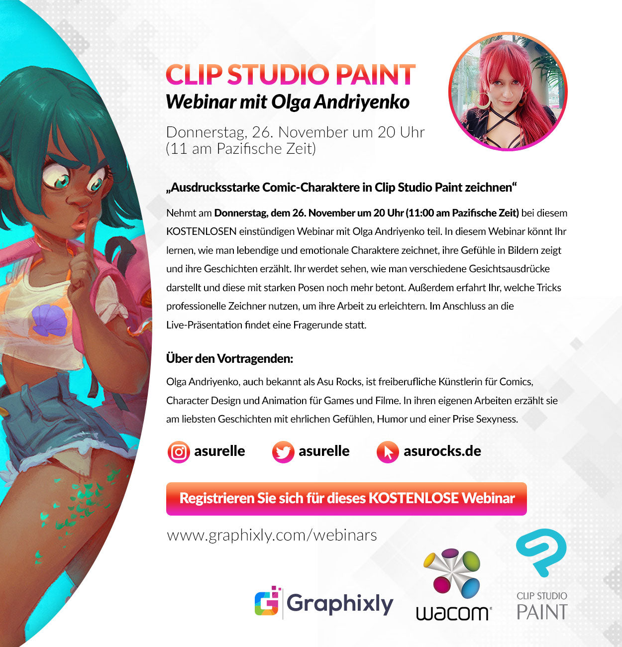 Webinar (Deutsch) - Ausdrucksstarke Comic-Charaktere in Clip Studio Paint zeichnen mit Olga Andriyenko