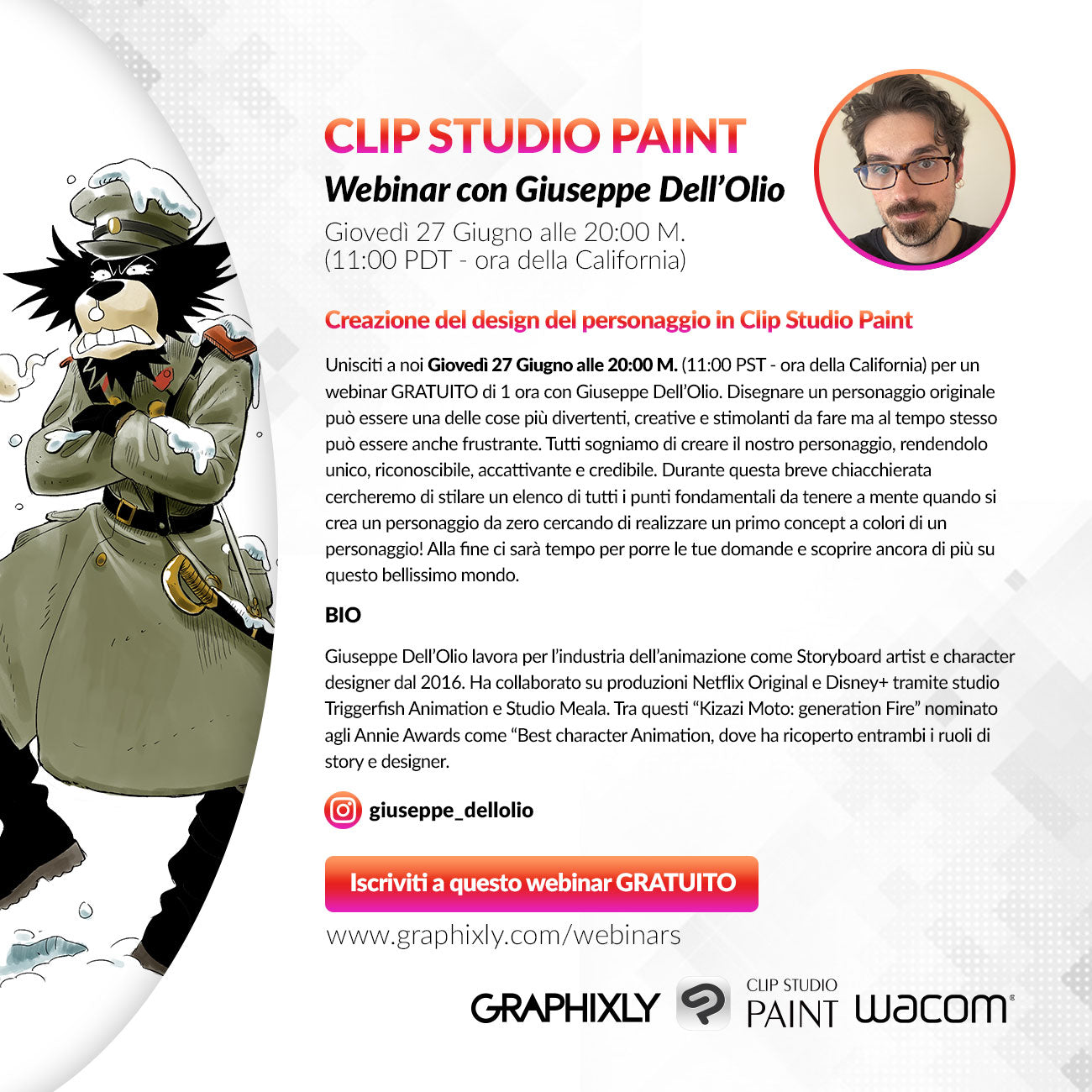 Upcoming Webinar (Italian) - Creazione del design del personaggio in Clip Studio Paint con Giuseppe Dell’Olio